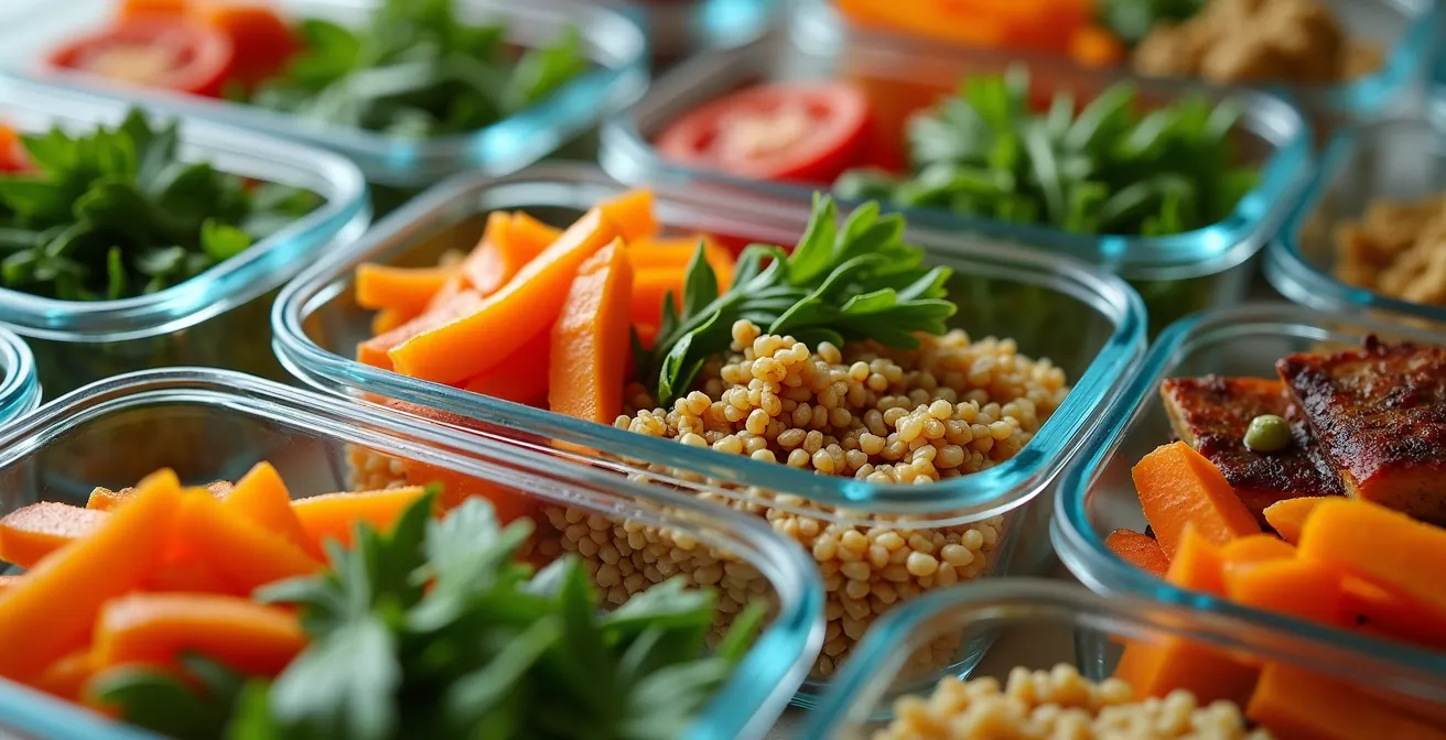Vue macro de contenants de préparation de repas organisés avec des aliments frais