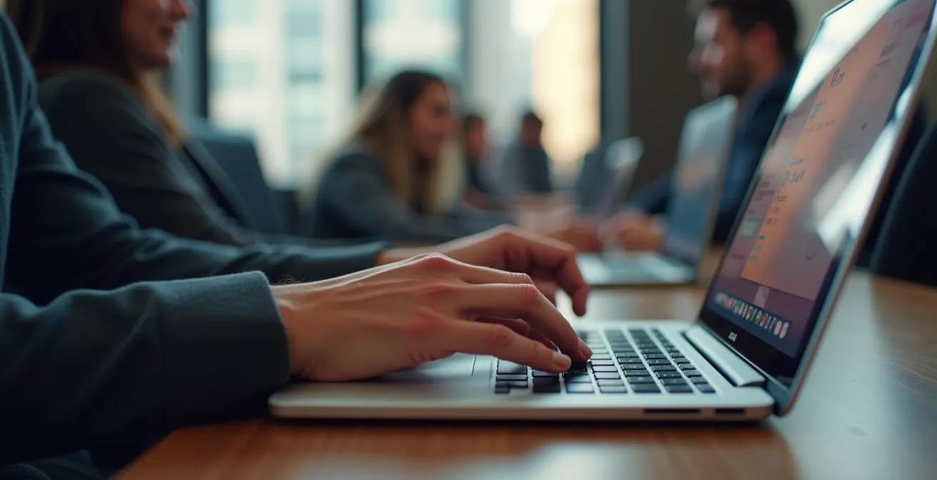 Professionnelle travaillant sur son profil numérique dans un espace de coworking montréalais