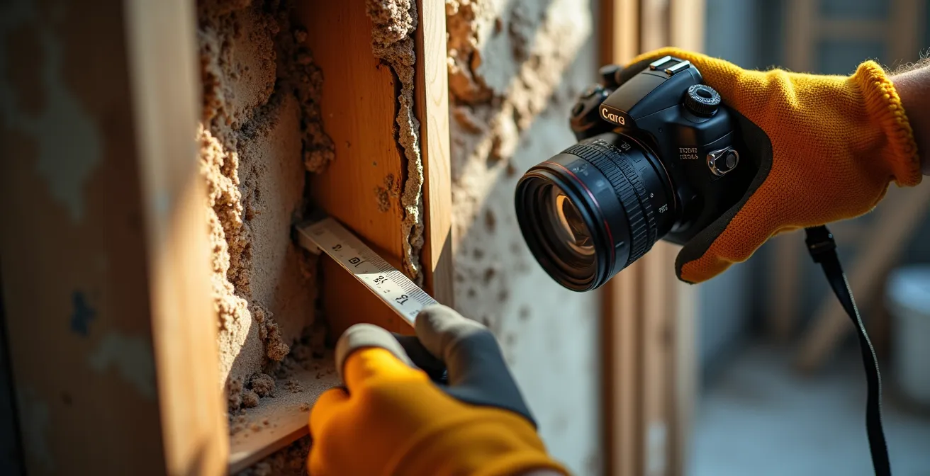 Entrepreneur photographiant un mur ouvert révélant une structure avec une tablette numérique pour documentation