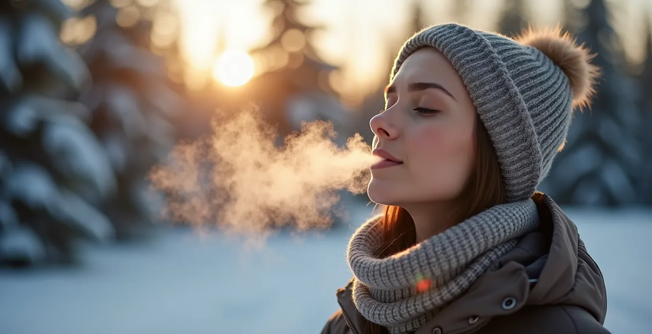 Personne pratiquant la respiration en plein air dans un paysage hivernal canadien