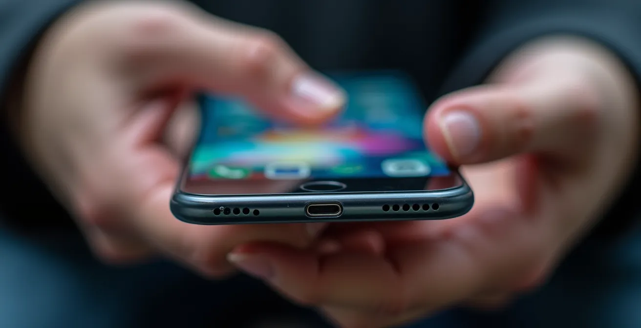 Mains tenant un téléphone montrant des paramètres de sécurité abstraits