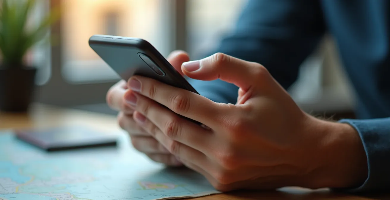 Main tenant un smartphone montrant une carte avec des paramètres de confidentialité