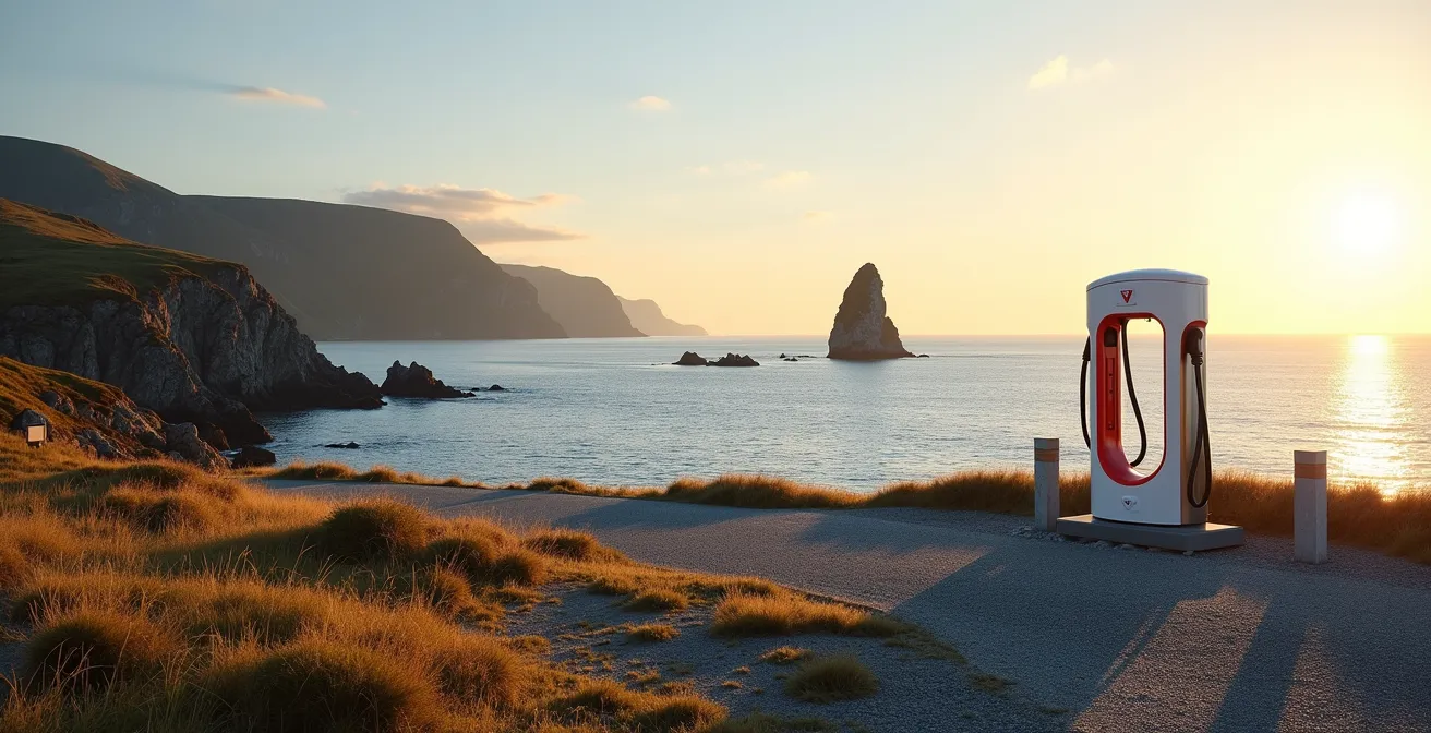 Vue large d'une station de recharge électrique intégrée dans le paysage côtier gaspésien