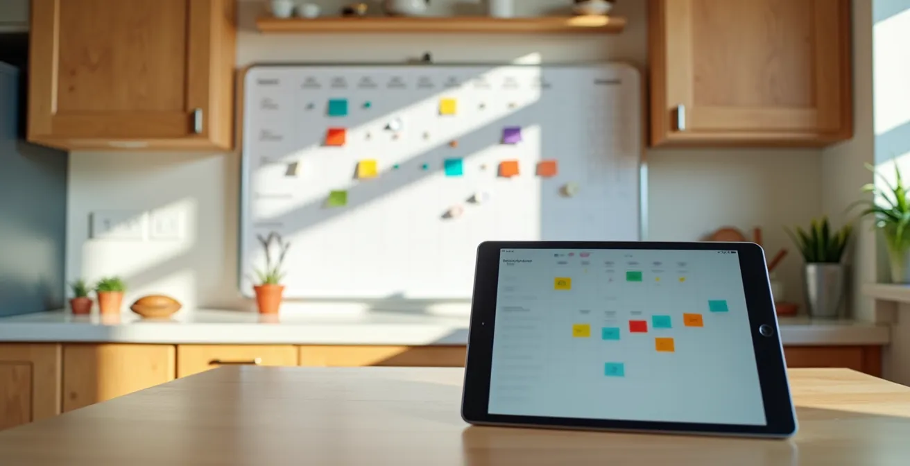Tableau blanc familial dans une cuisine avec calendrier numérique sur tablette posée à côté