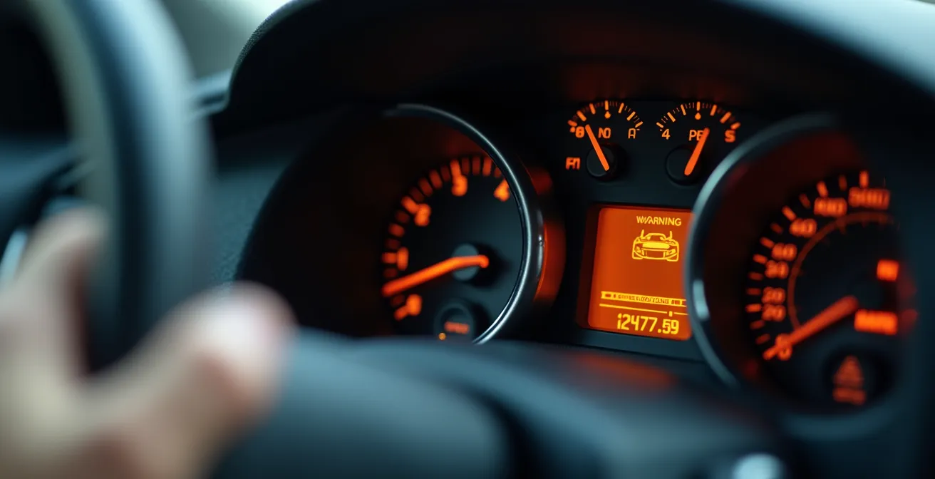 Tableau de bord automobile avec voyant moteur orange illuminé et main sur le volant