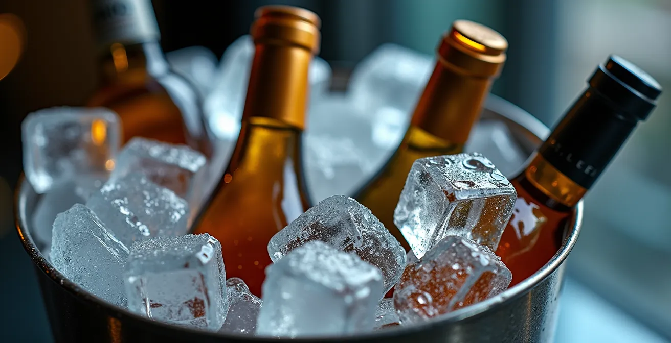 Gros plan sur des bouteilles de vin dans un seau à glace avec condensation et thermomètre indiquant la température idéale