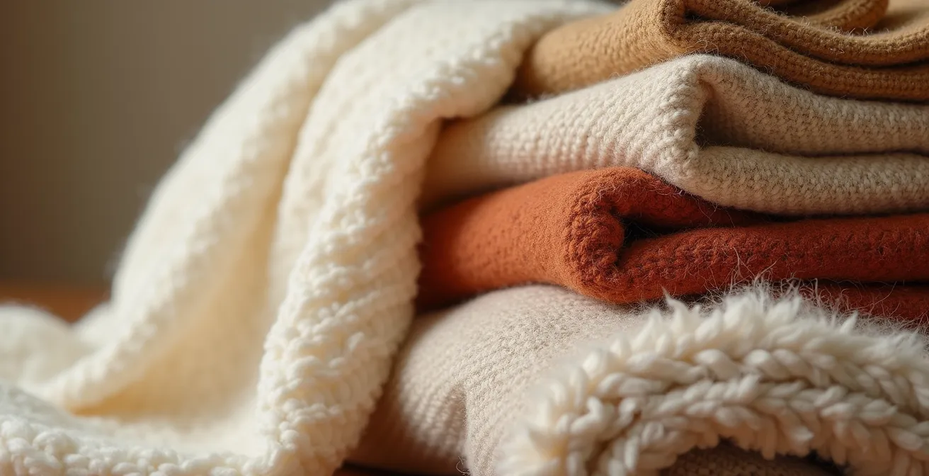 Détail macro de textiles canadiens superposés avec différentes textures de laine et lin