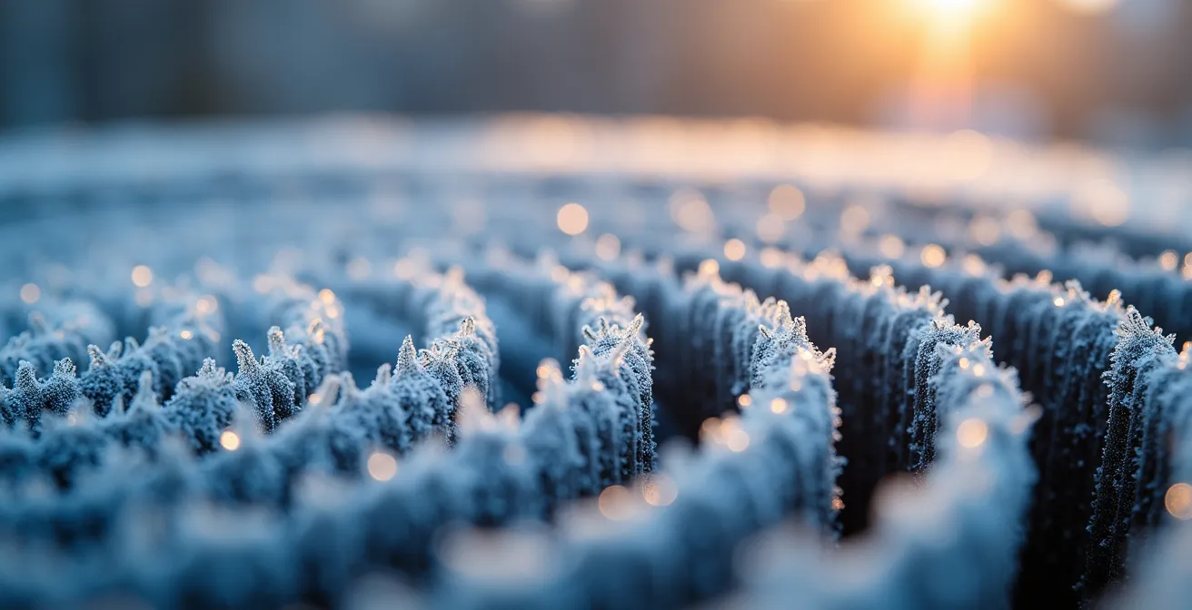 Gros plan macro sur les cristaux de givre sur un échangeur thermique de thermopompe avec effet de profondeur de champ