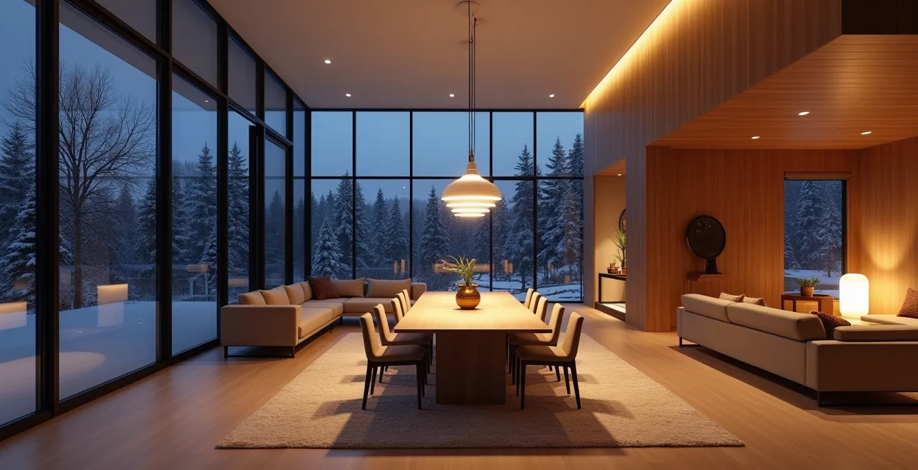 Salon moderne montrant trois types d'éclairage distincts créant une ambiance chaleureuse en soirée