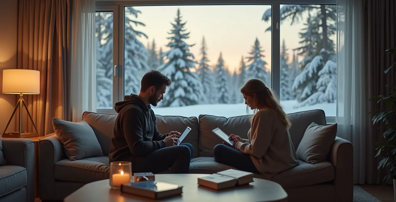 Couple québécois dans un salon vérifiant les avis d'hôtels sur une tablette avant de réserver leurs vacances.