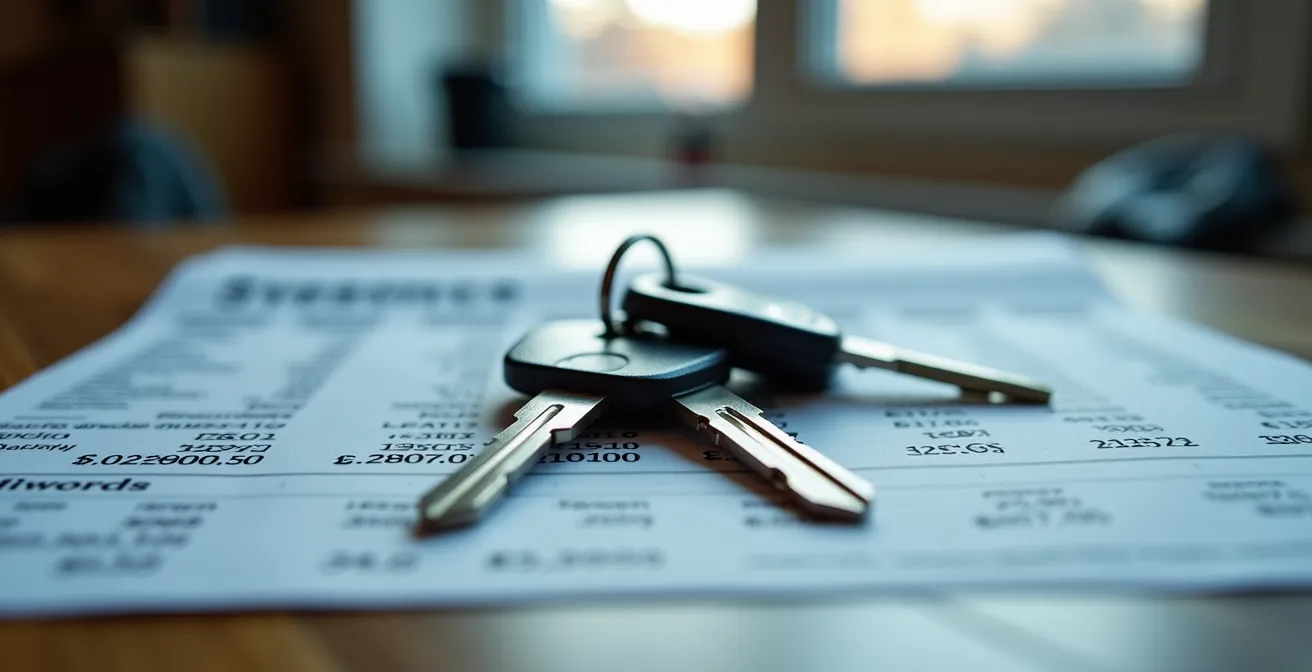 Vue macro d'une clé de voiture posée sur des documents financiers dans un environnement résidentiel canadien