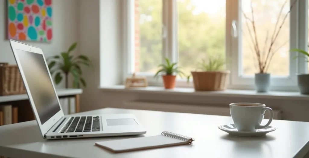 Espace de travail à domicile professionnel et bien organisé avec éléments suggérant la présence d'enfants Espace de travail à domicile professionnel et bien organisé avec éléments suggérant la présence d'enfants
